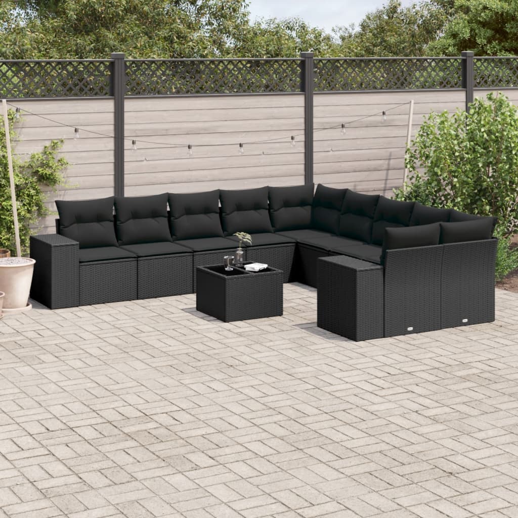 11 Piece Garden Sofa Set with Cushions Black Poly Rattan