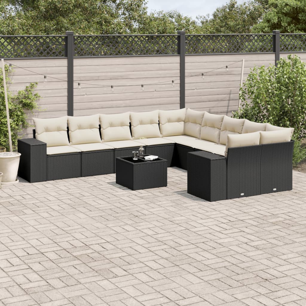 11 Piece Garden Sofa Set with Cushions Black Poly Rattan