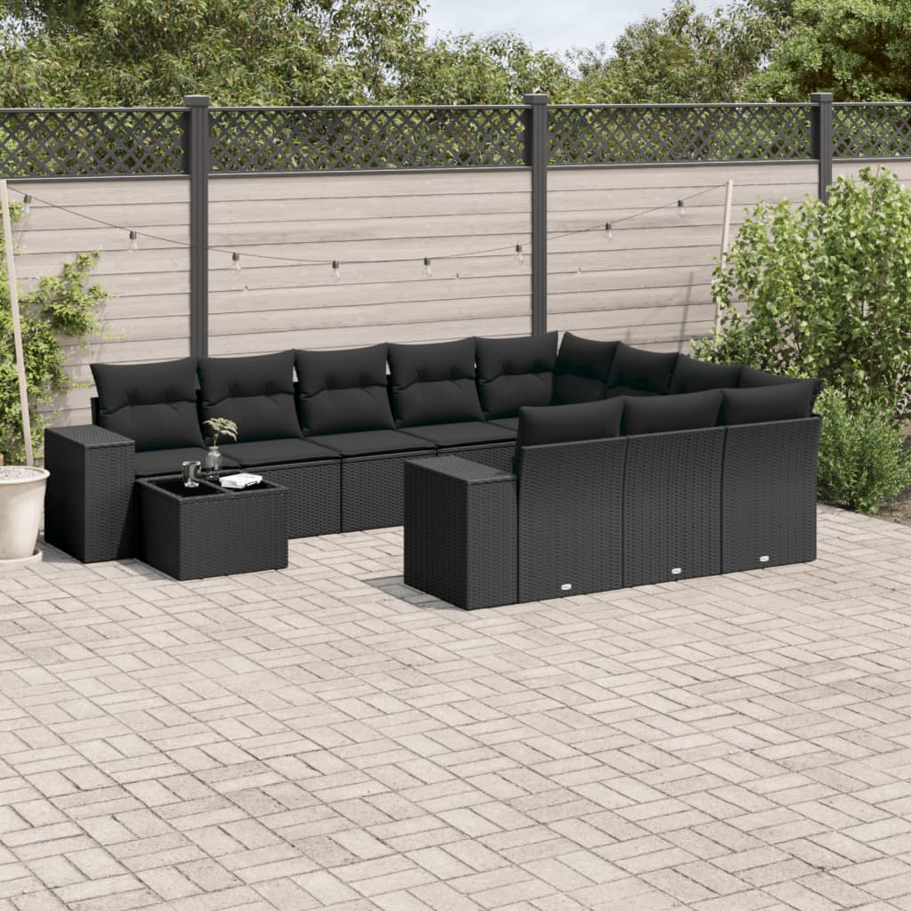 11 Piece Garden Sofa Set with Cushions Black Poly Rattan