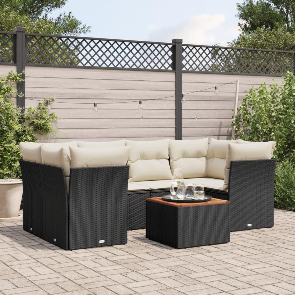 7 Piece Garden Sofa Set with Cushions Black Poly Rattan