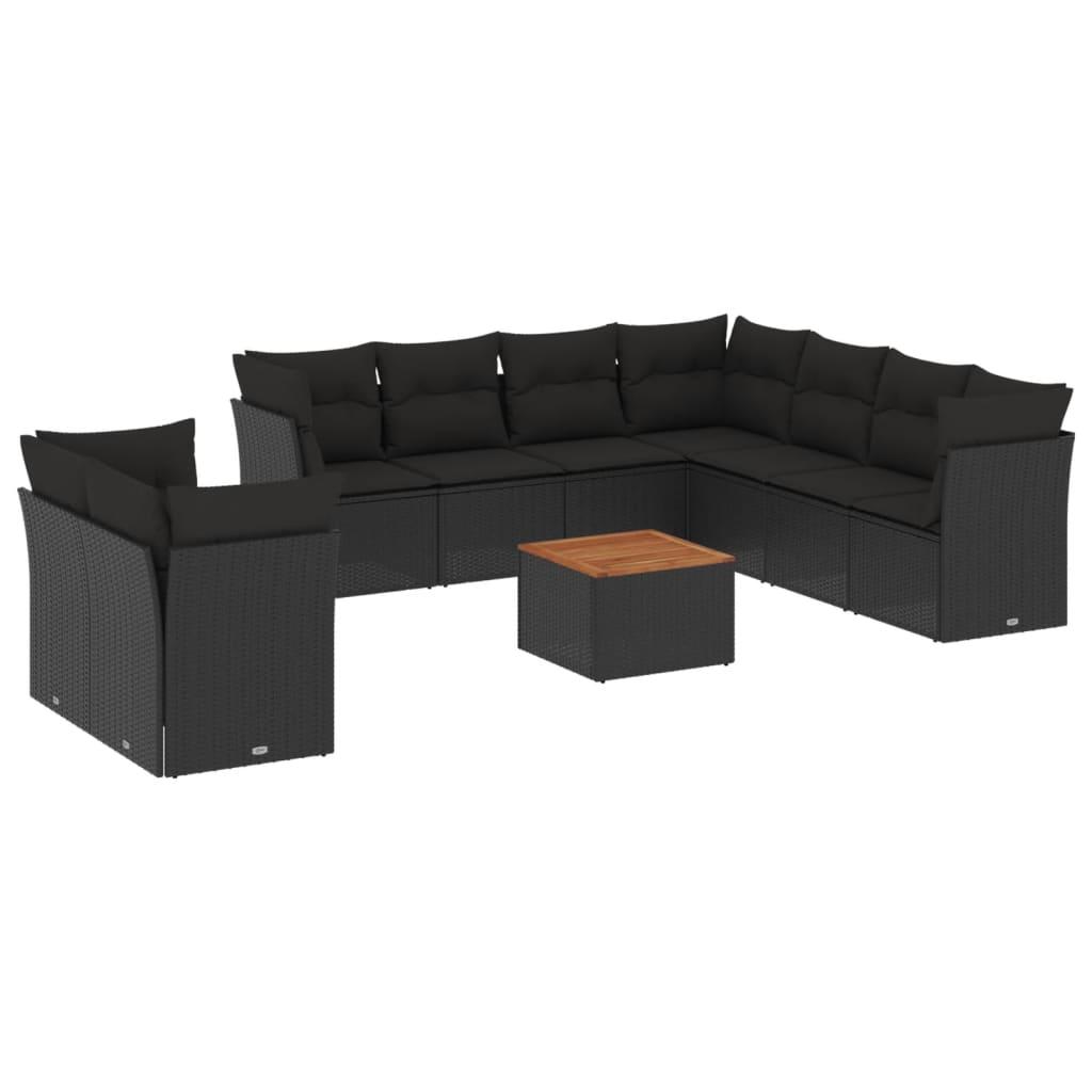 10 Piece Garden Sofa Set with Cushions Black Poly Rattan