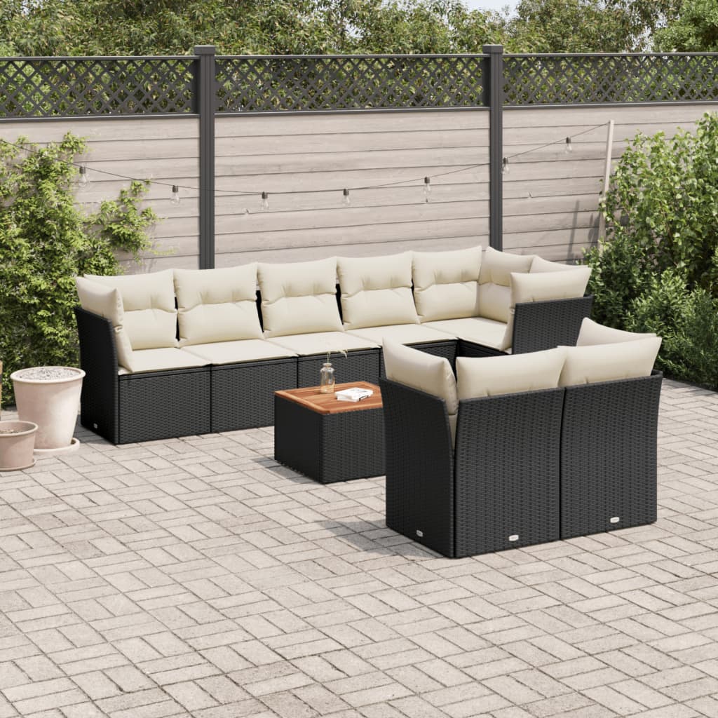 9 Piece Garden Sofa Set with Cushions Black Poly Rattan