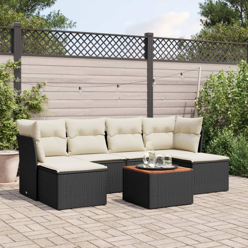 7 Piece Garden Sofa Set with Cushions Black Poly Rattan