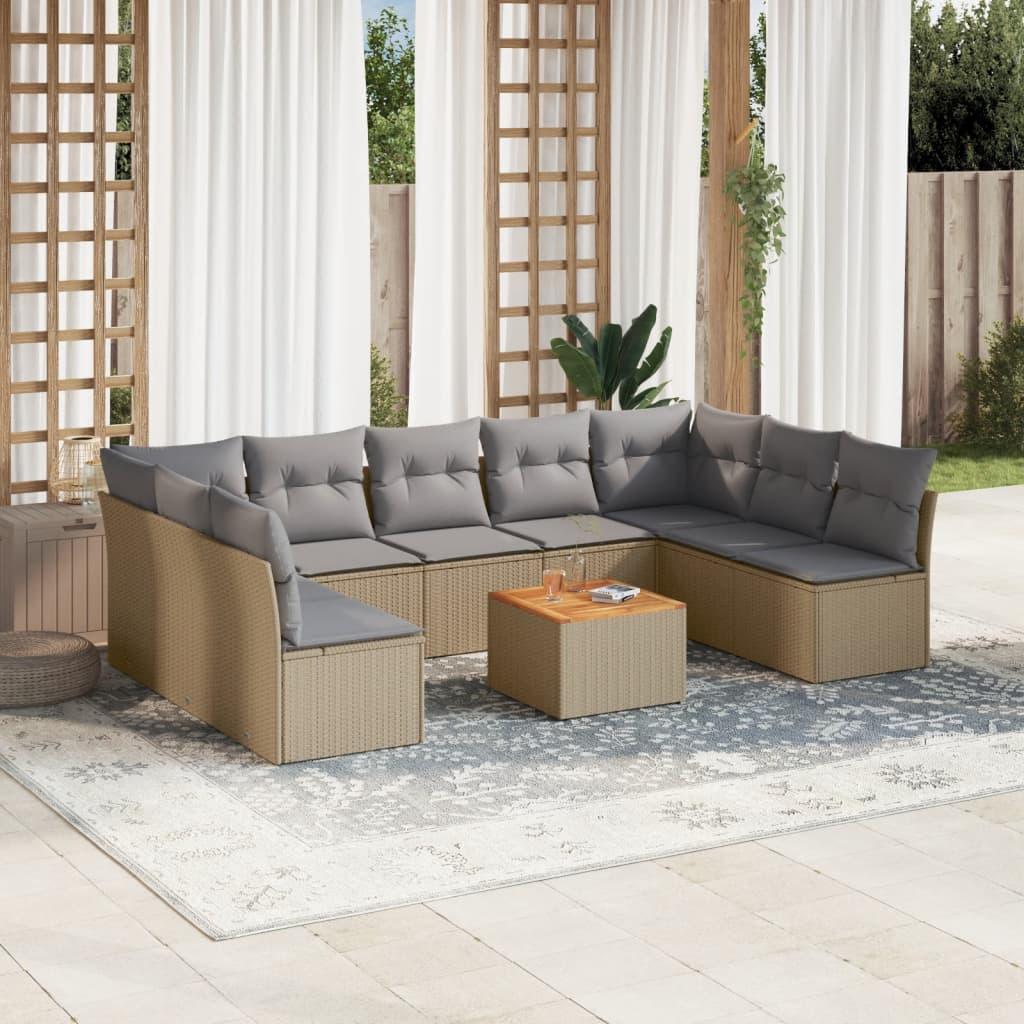 10 Piece Garden Sofa Set with Cushions Mix Beige Poly Rattan