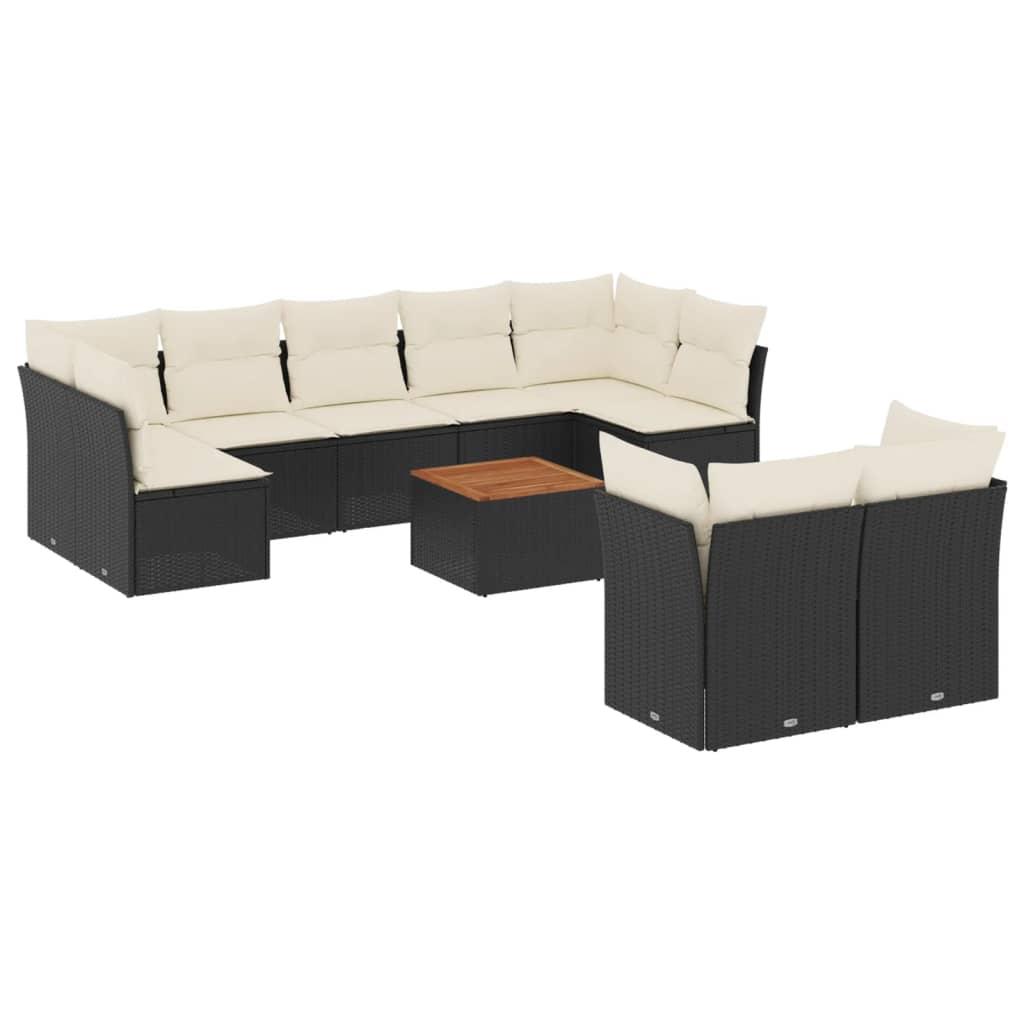 10 Piece Garden Sofa Set with Cushions Black Poly Rattan