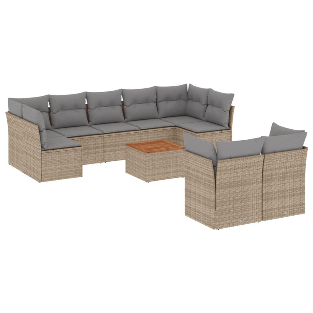 10 Piece Garden Sofa Set with Cushions Mix Beige Poly Rattan