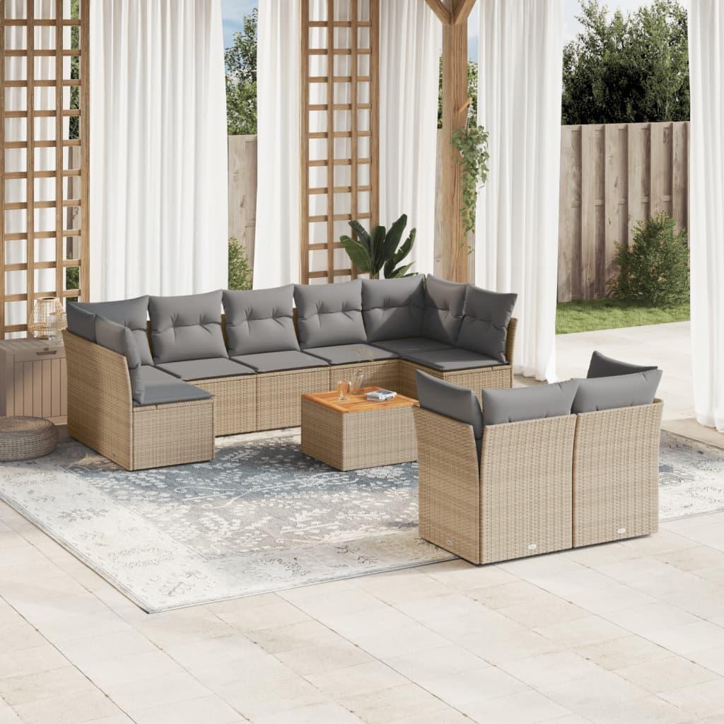 10 Piece Garden Sofa Set with Cushions Mix Beige Poly Rattan