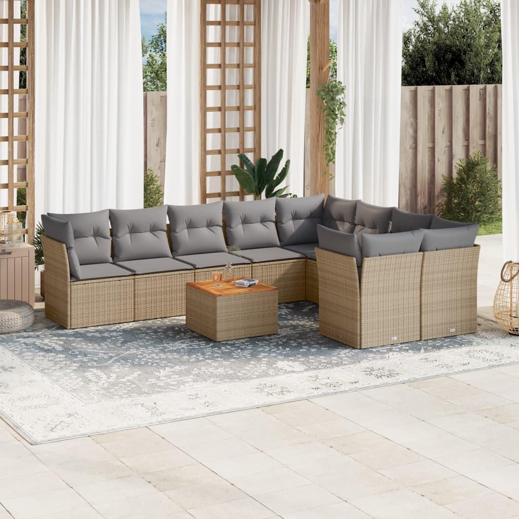 10 Piece Garden Sofa Set with Cushions Mix Beige Poly Rattan