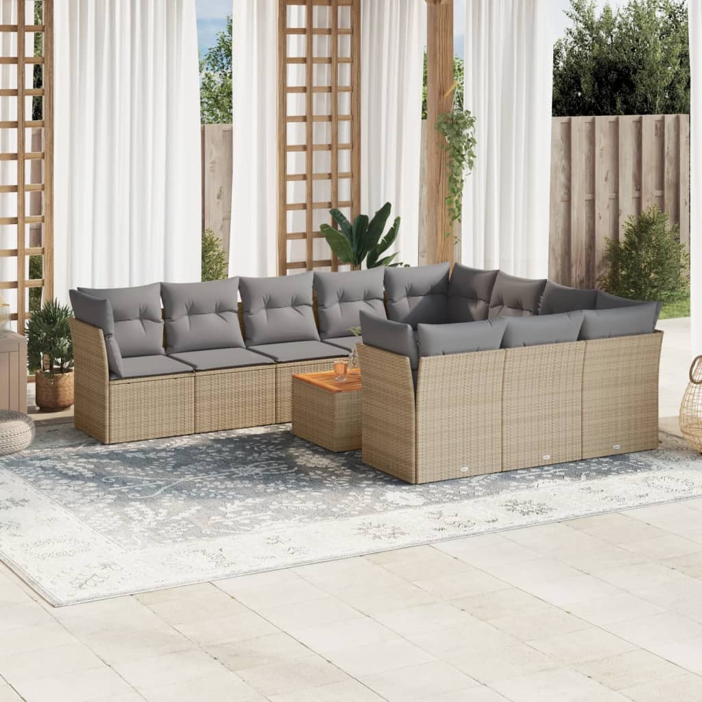 11 Piece Garden Sofa Set with Cushions Mix Beige Poly Rattan