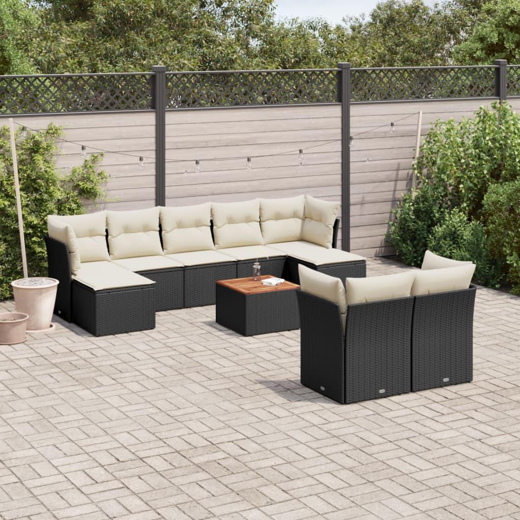 10 Piece Garden Sofa Set with Cushions Black Poly Rattan