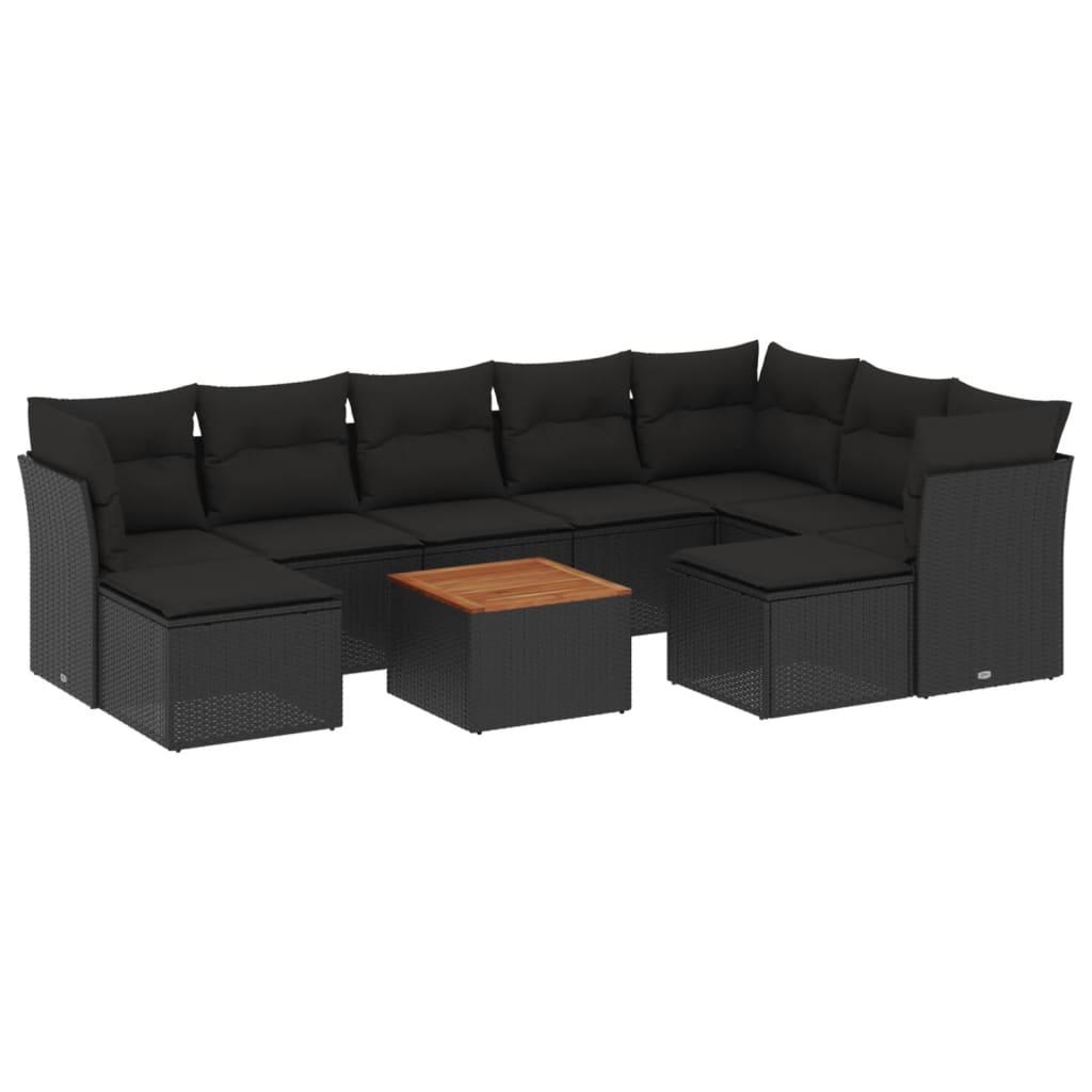10 Piece Garden Sofa Set with Cushions Black Poly Rattan