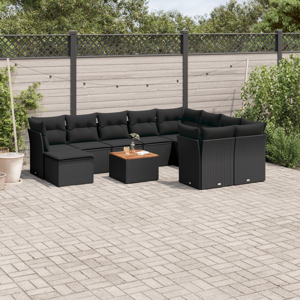 11 Piece Garden Sofa Set with Cushions Black Poly Rattan