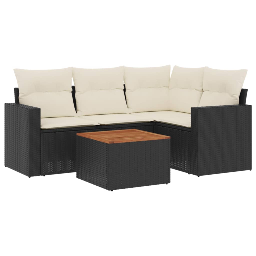 5 Piece Garden Sofa Set with Cushions Black Poly Rattan