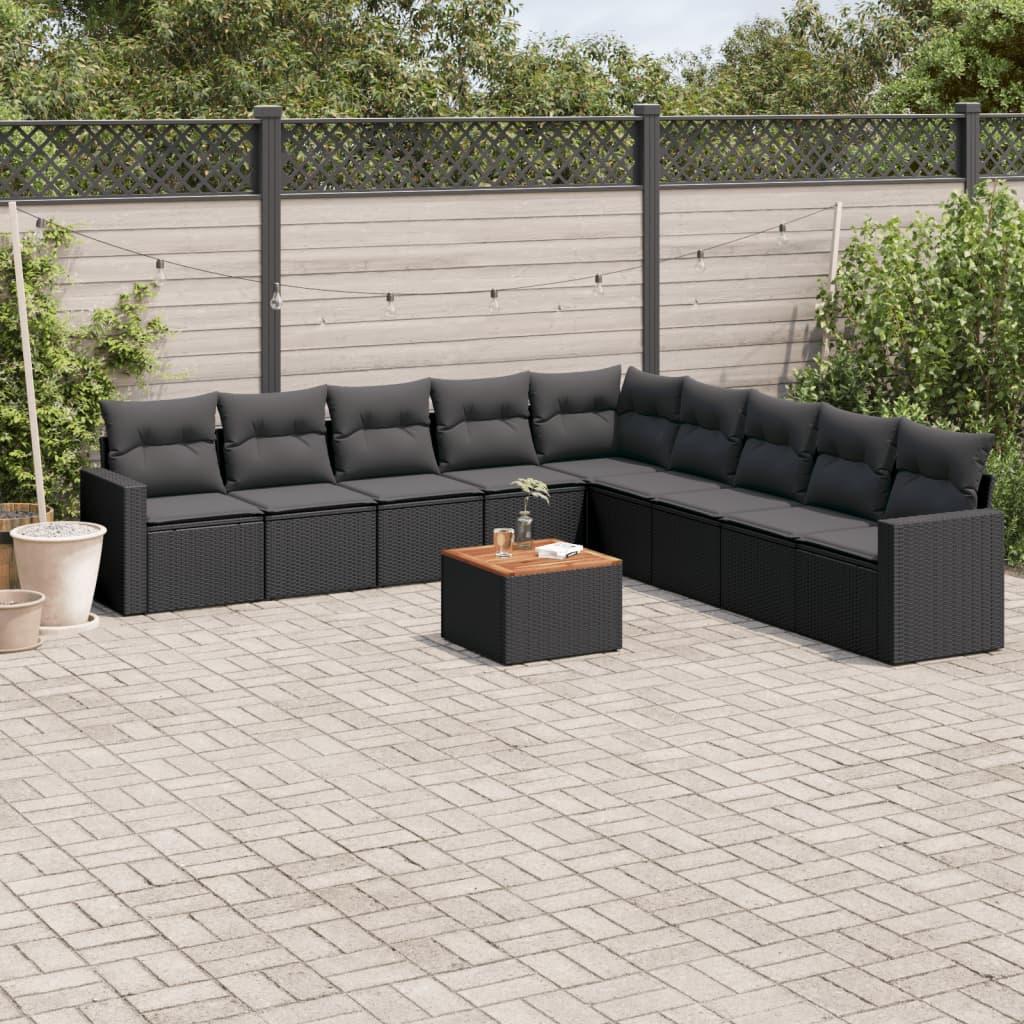 10 Piece Garden Sofa Set with Cushions Black Poly Rattan