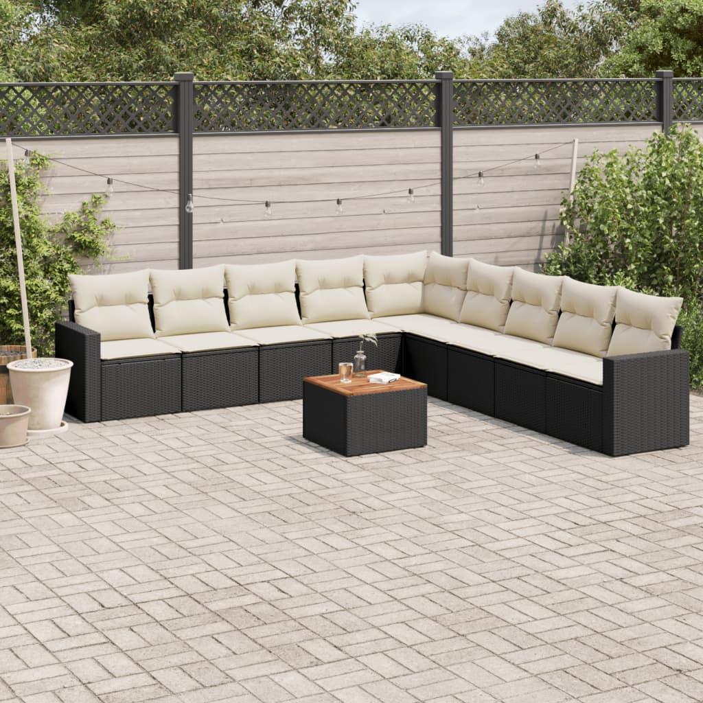 10 Piece Garden Sofa Set with Cushions Black Poly Rattan