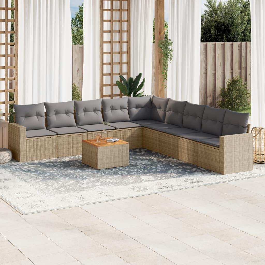 10 Piece Garden Sofa Set with Cushions Mix Beige Poly Rattan