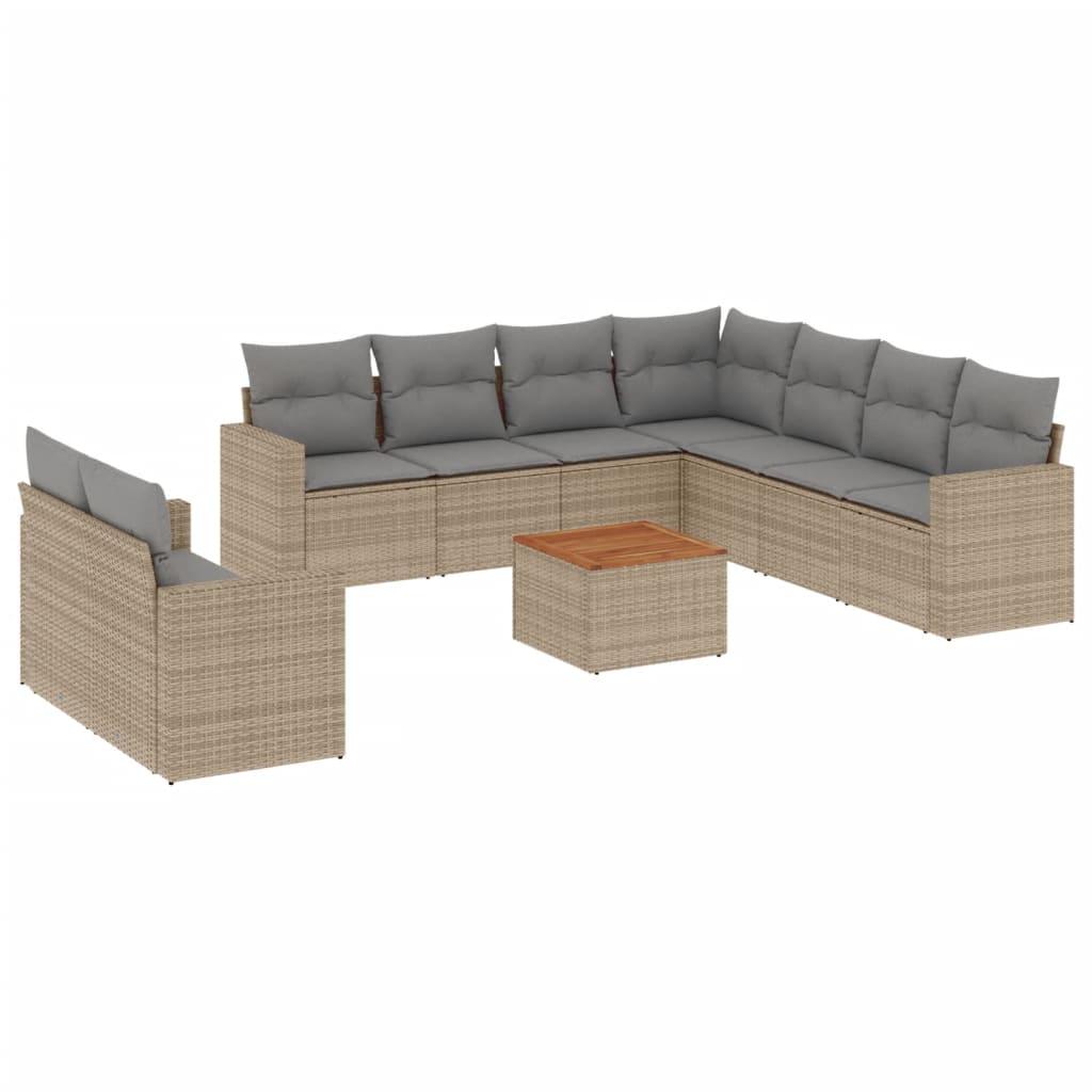 10 Piece Garden Sofa Set with Cushions Mix Beige Poly Rattan