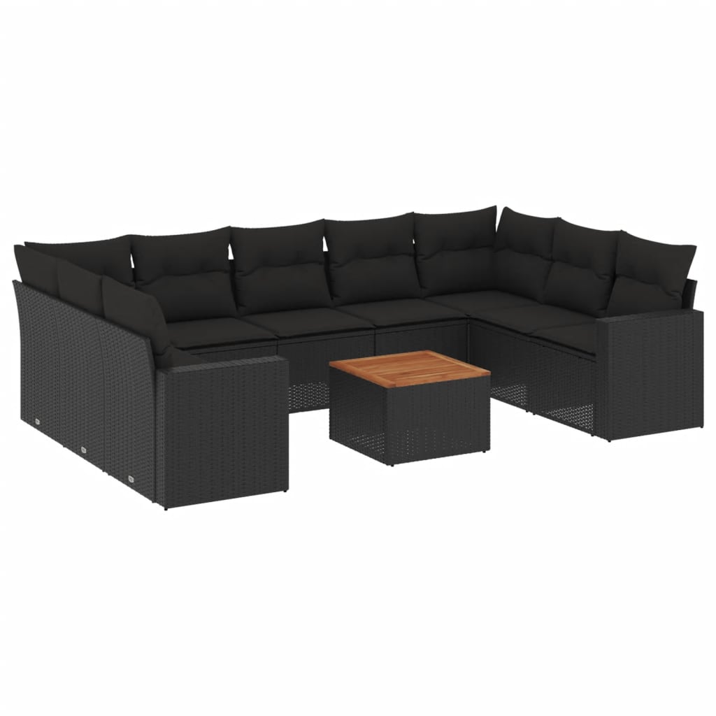 10 Piece Garden Sofa Set with Cushions Black Poly Rattan