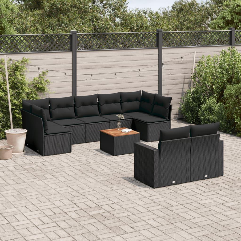 10 Piece Garden Sofa Set with Cushions Black Poly Rattan