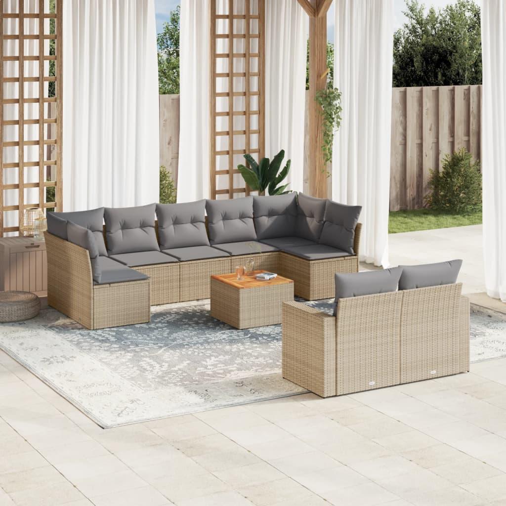 10 Piece Garden Sofa Set with Cushions Mix Beige Poly Rattan