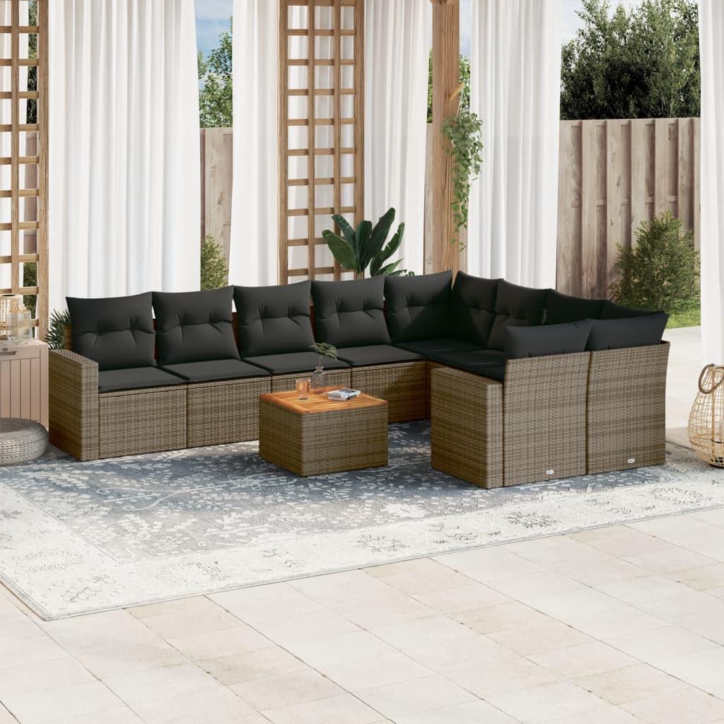 10 Piece Garden Sofa Set with Cushions Grey Poly Rattan