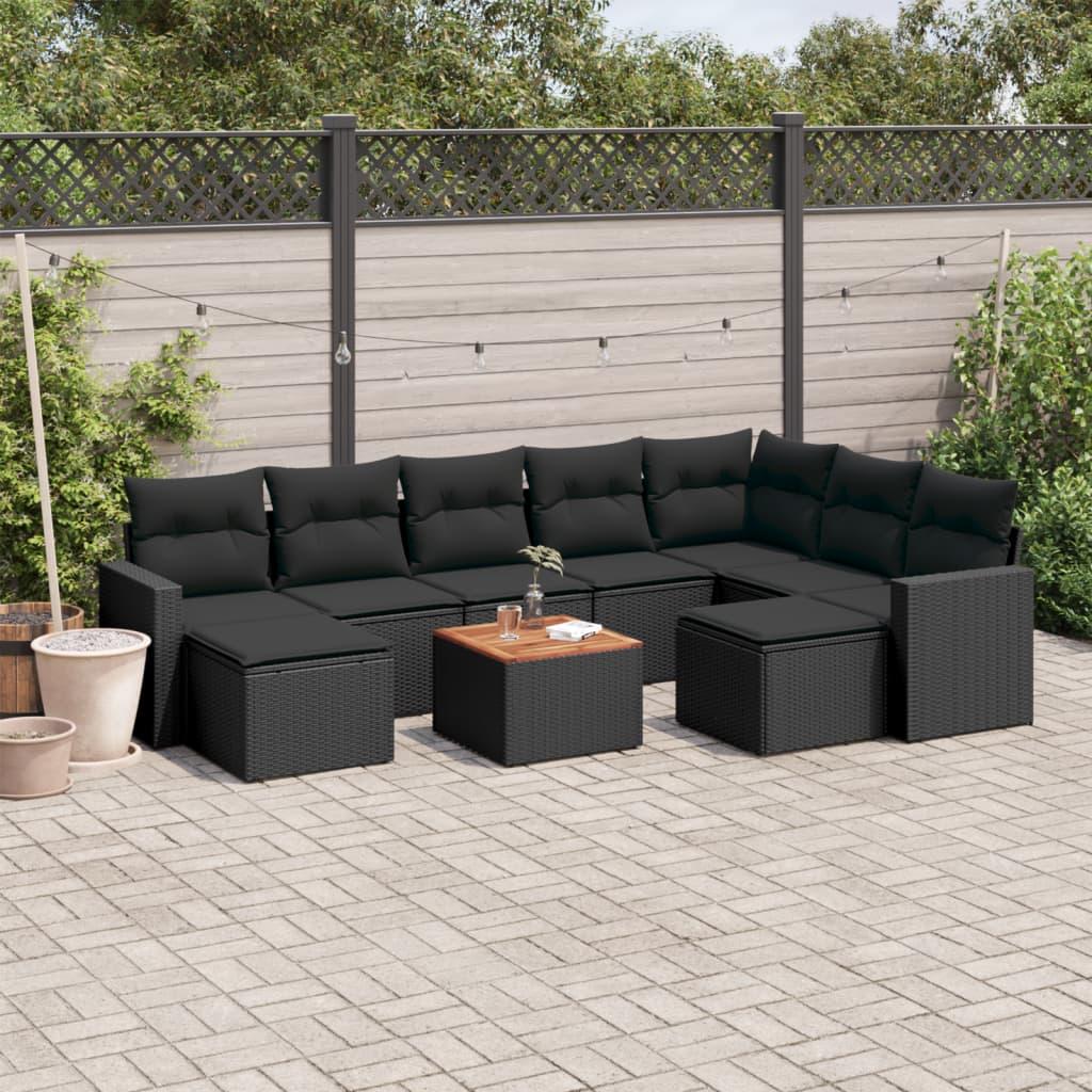 10 Piece Garden Sofa Set with Cushions Black Poly Rattan