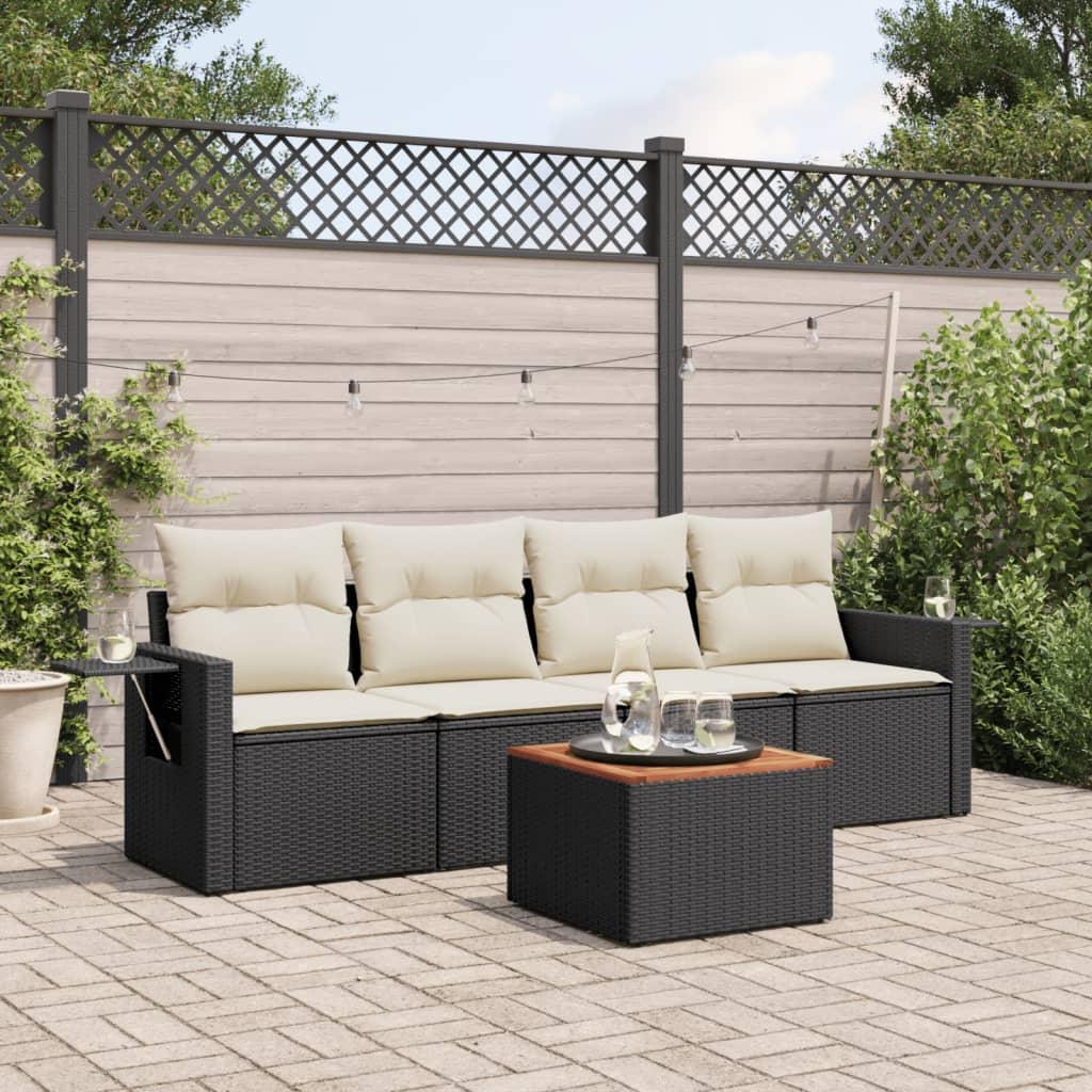 5 Piece Garden Sofa Set with Cushions Black Poly Rattan