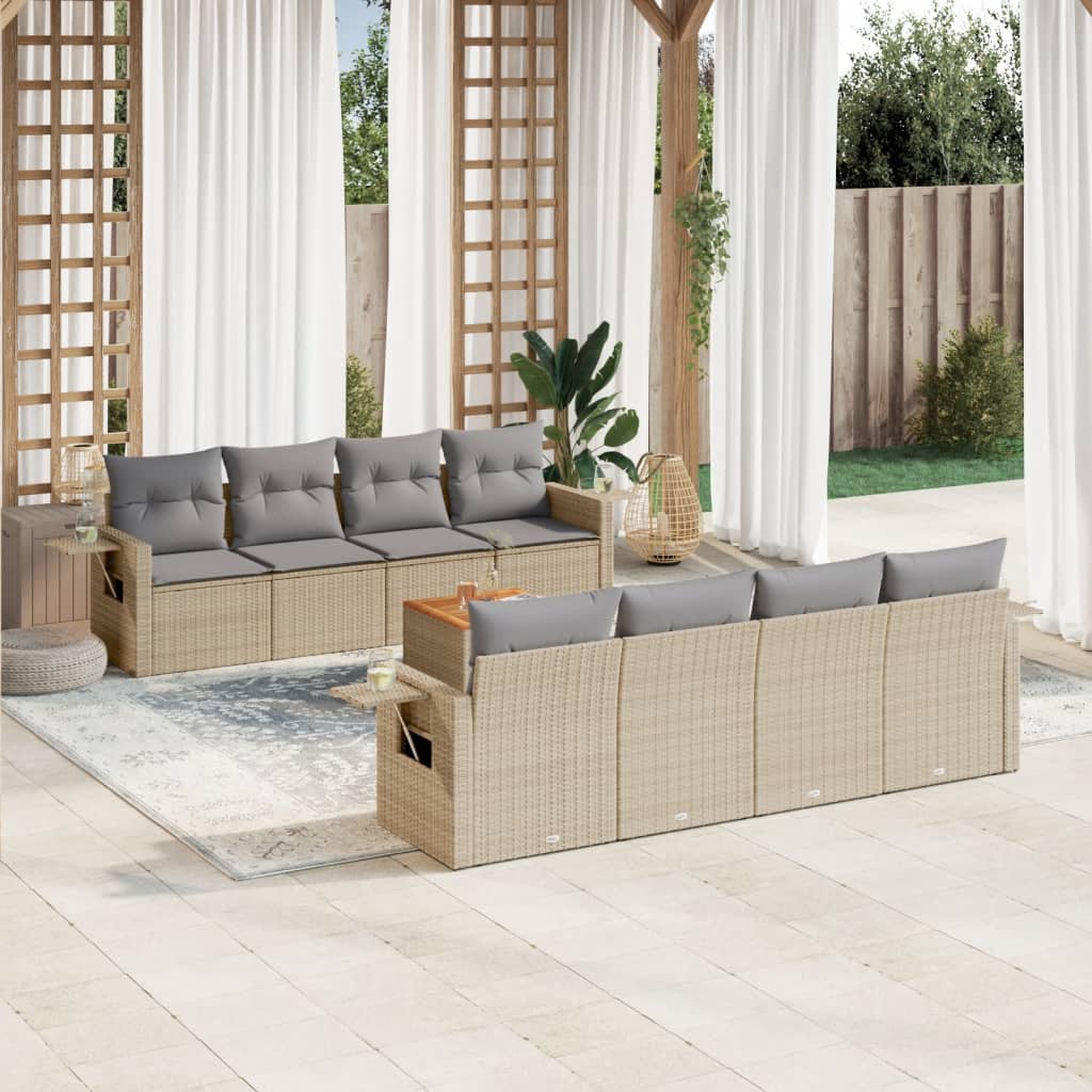 9 Piece Garden Sofa Set with Cushions Mix Beige Poly Rattan