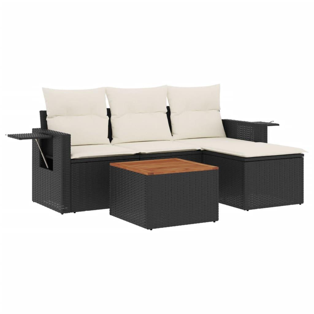 5 Piece Garden Sofa Set with Cushions Black Poly Rattan