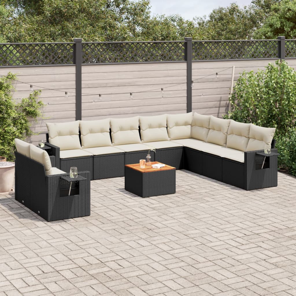 11 Piece Garden Sofa Set with Cushions Black Poly Rattan