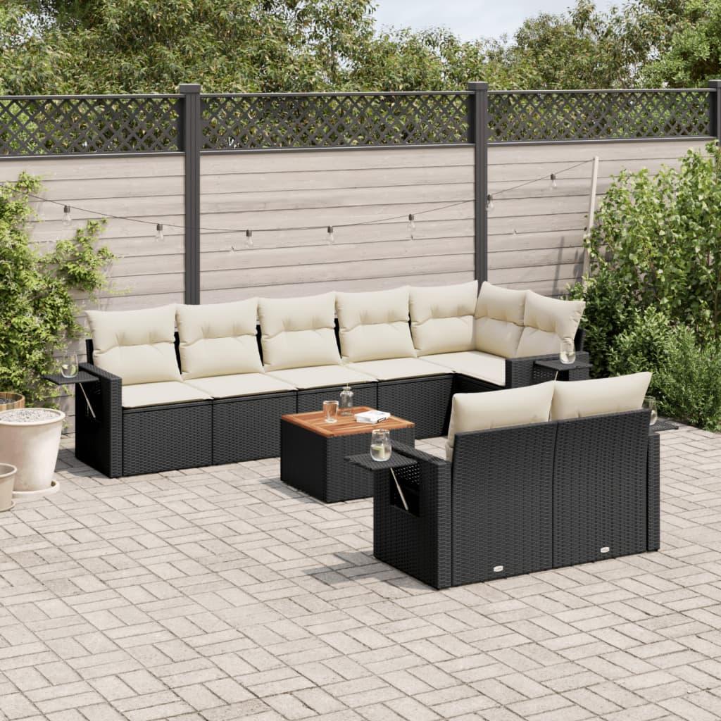9 Piece Garden Sofa Set with Cushions Black Poly Rattan