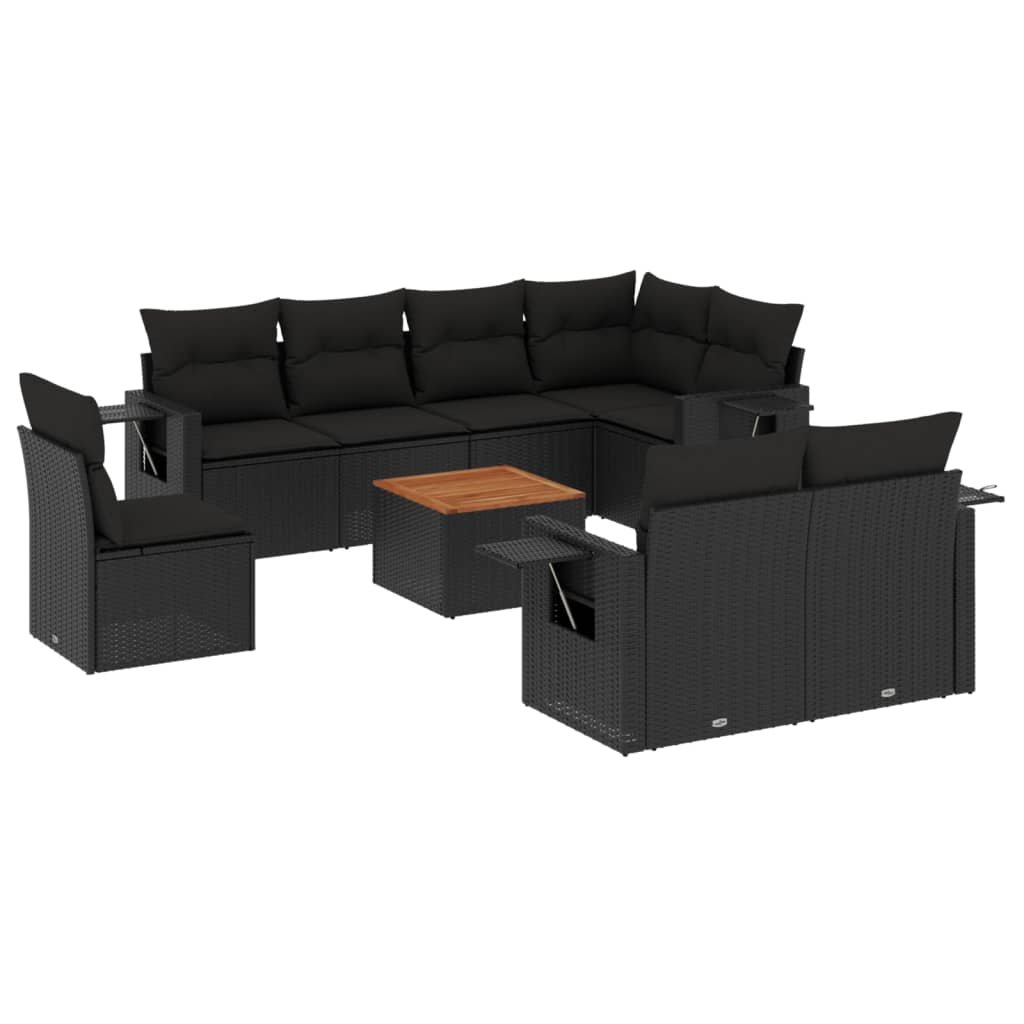 9 Piece Garden Sofa Set with Cushions Black Poly Rattan