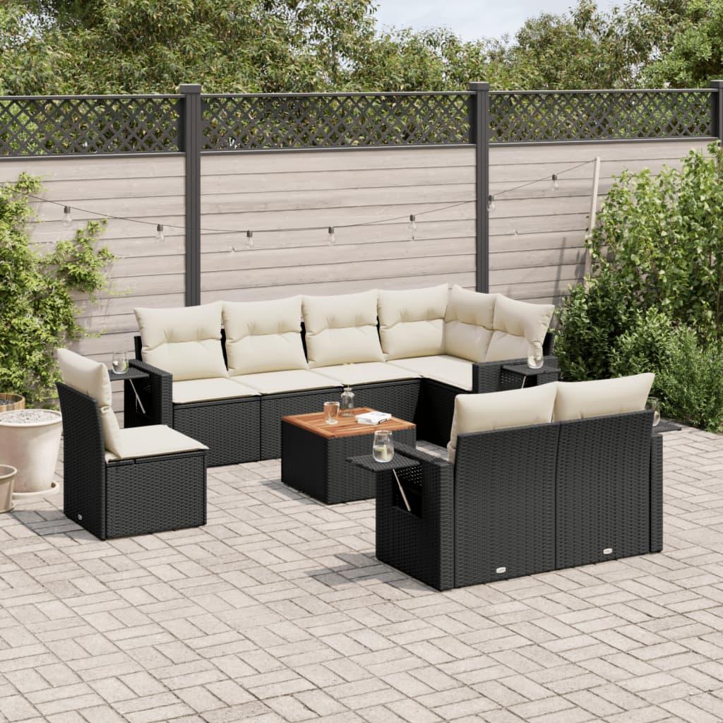 9 Piece Garden Sofa Set with Cushions Black Poly Rattan