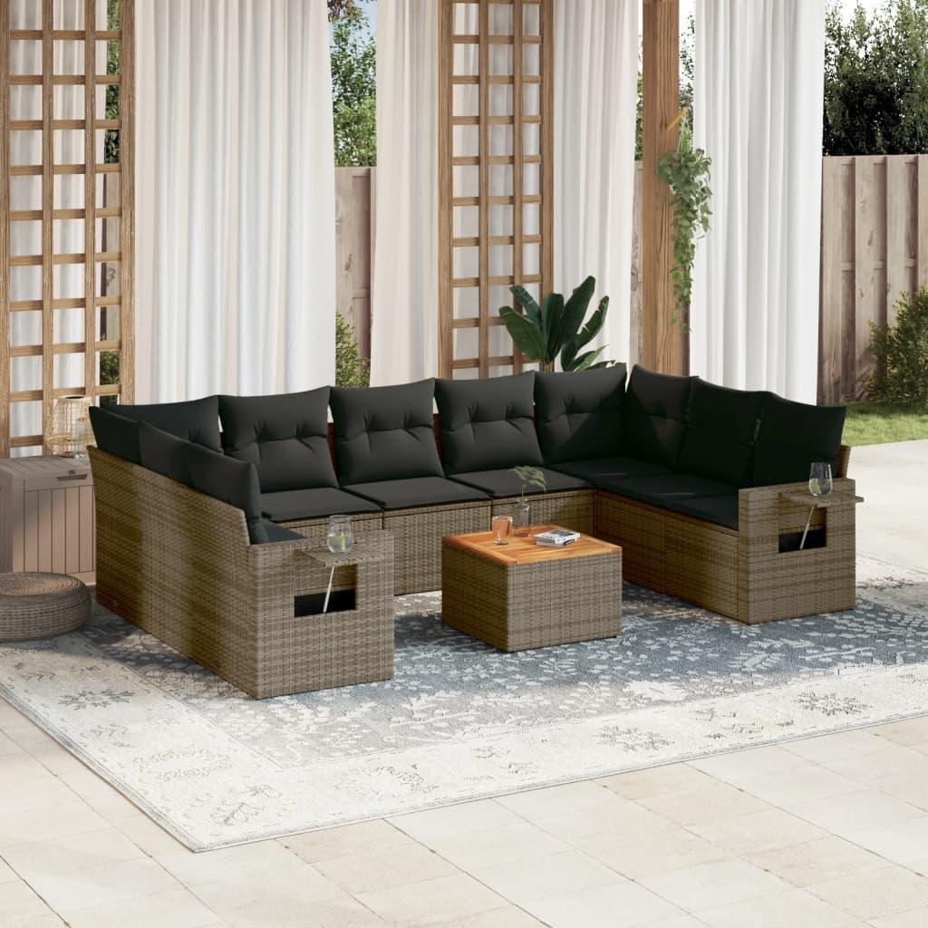 10 Piece Garden Sofa Set with Cushions Grey Poly Rattan