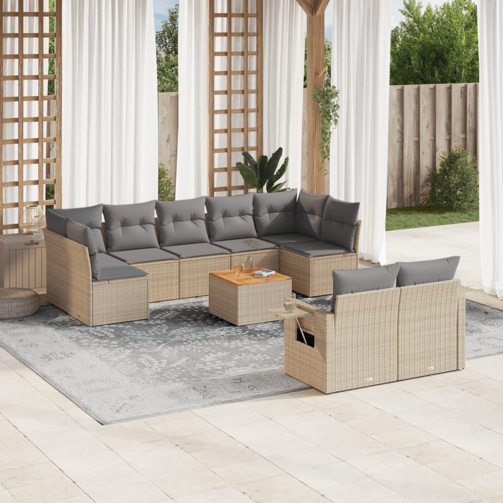 10 Piece Garden Sofa Set with Cushions Mix Beige Poly Rattan