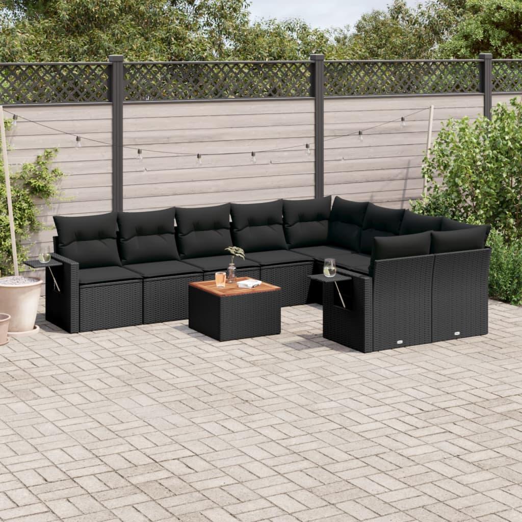 10 Piece Garden Sofa Set with Cushions Black Poly Rattan