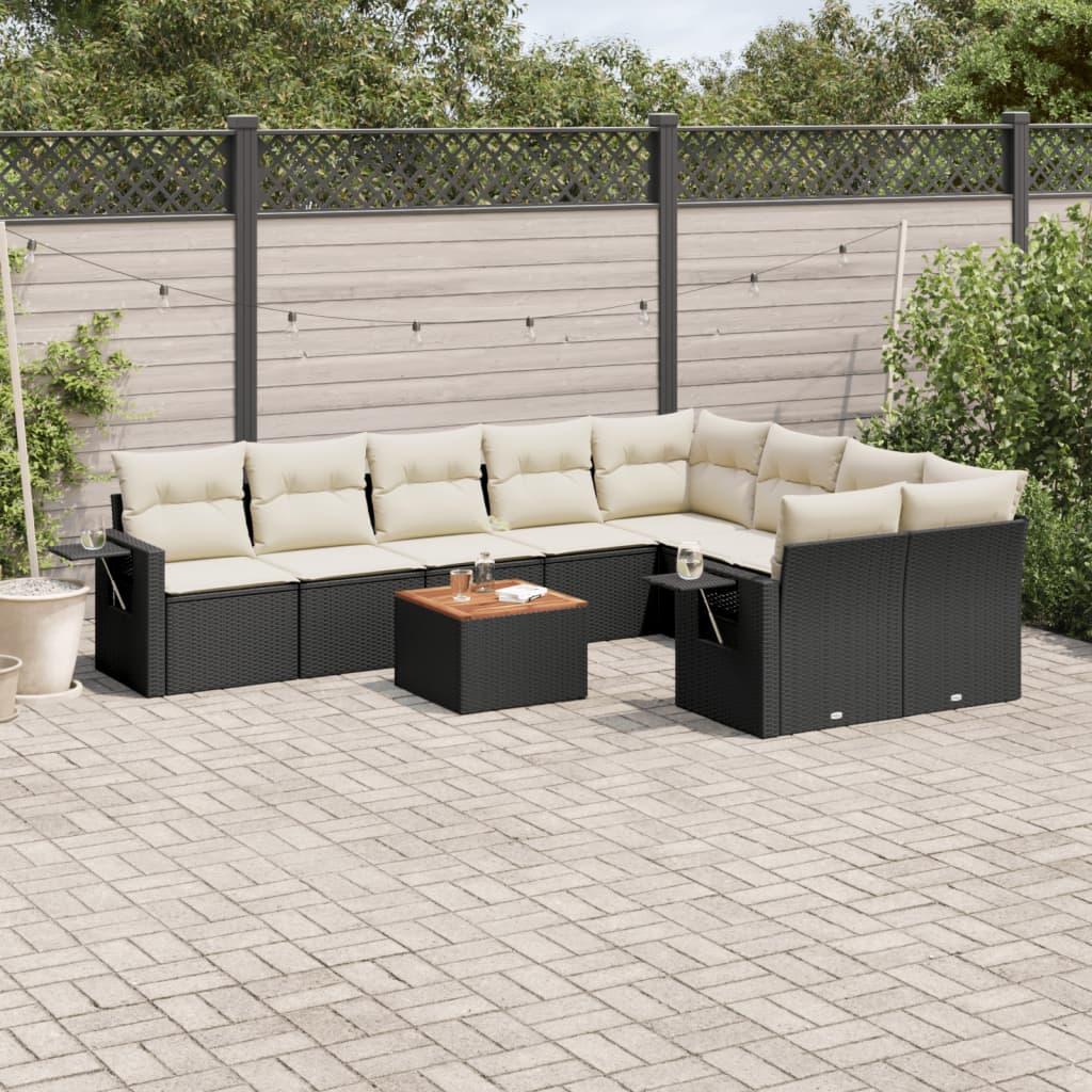 10 Piece Garden Sofa Set with Cushions Black Poly Rattan