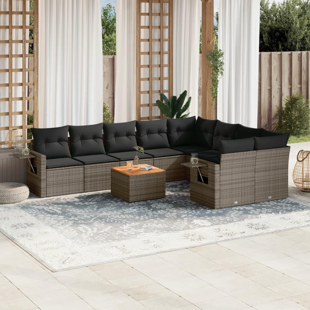 10 Piece Garden Sofa Set with Cushions Grey Poly Rattan