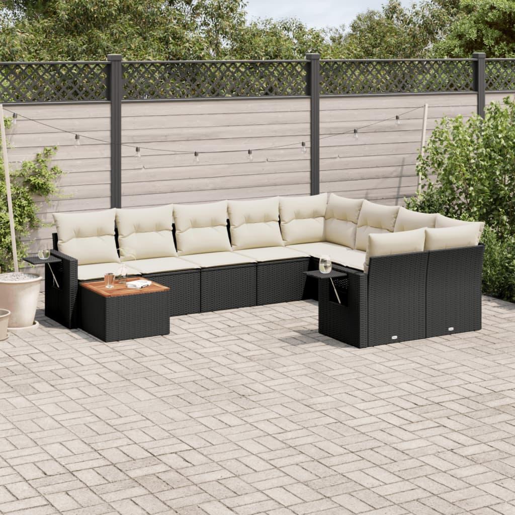 10 Piece Garden Sofa Set with Cushions Black Poly Rattan