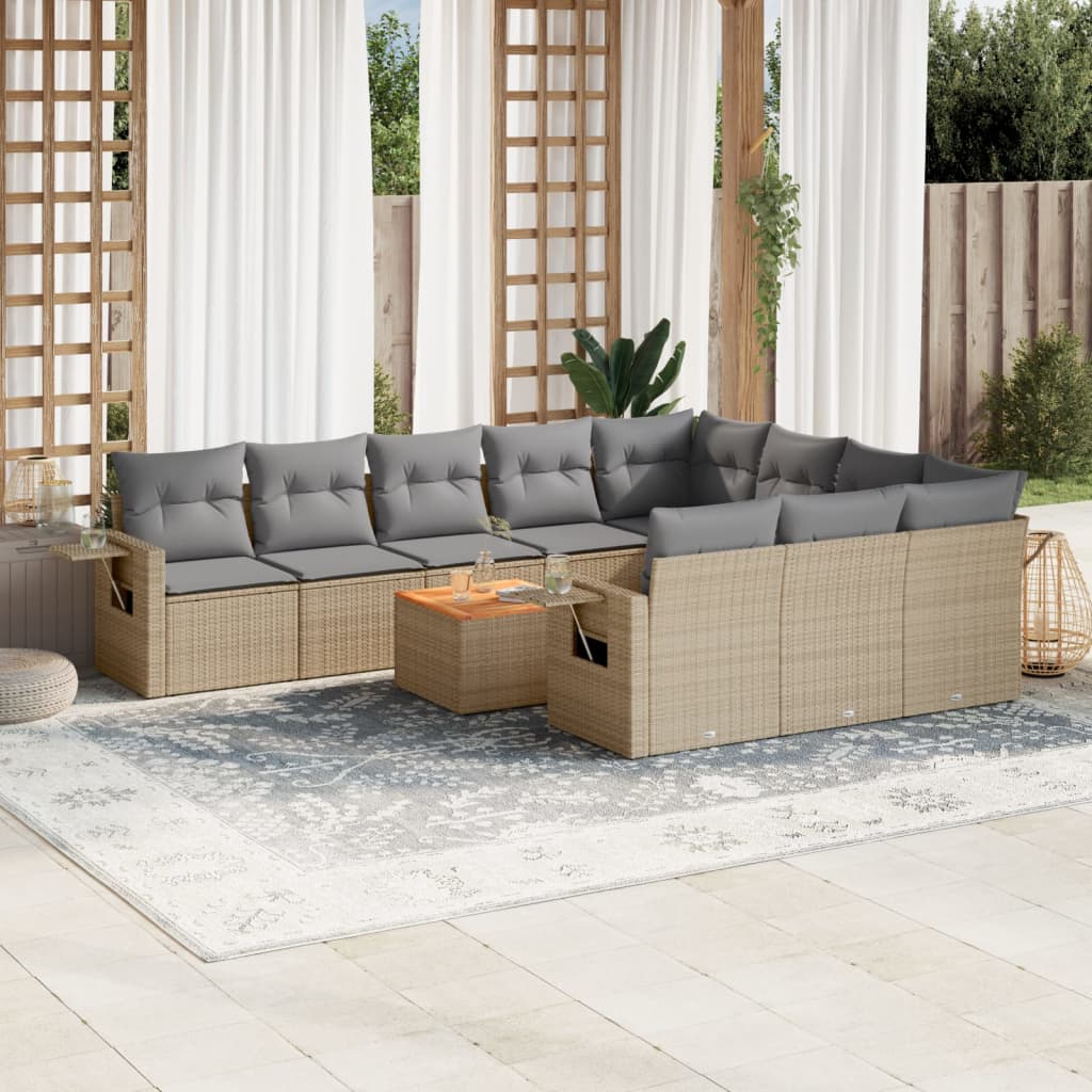 11 Piece Garden Sofa Set with Cushions Mix Beige Poly Rattan