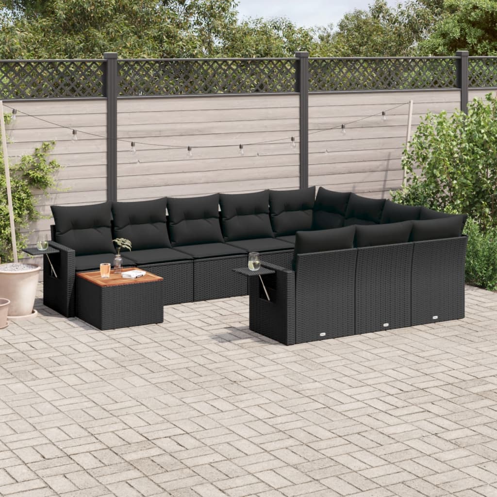 11 Piece Garden Sofa Set with Cushions Black Poly Rattan