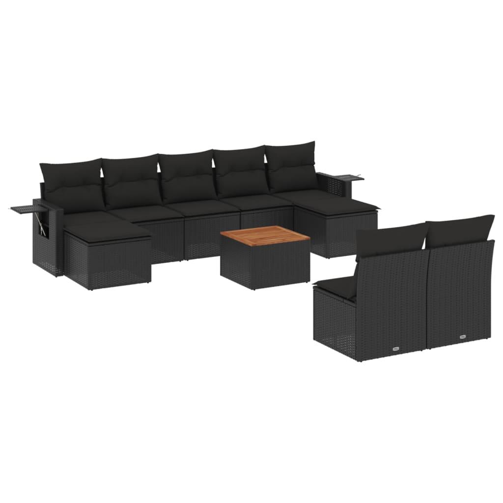 10 Piece Garden Sofa Set with Cushions Black Poly Rattan