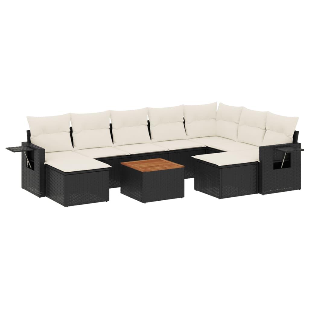 10 Piece Garden Sofa Set with Cushions Black Poly Rattan