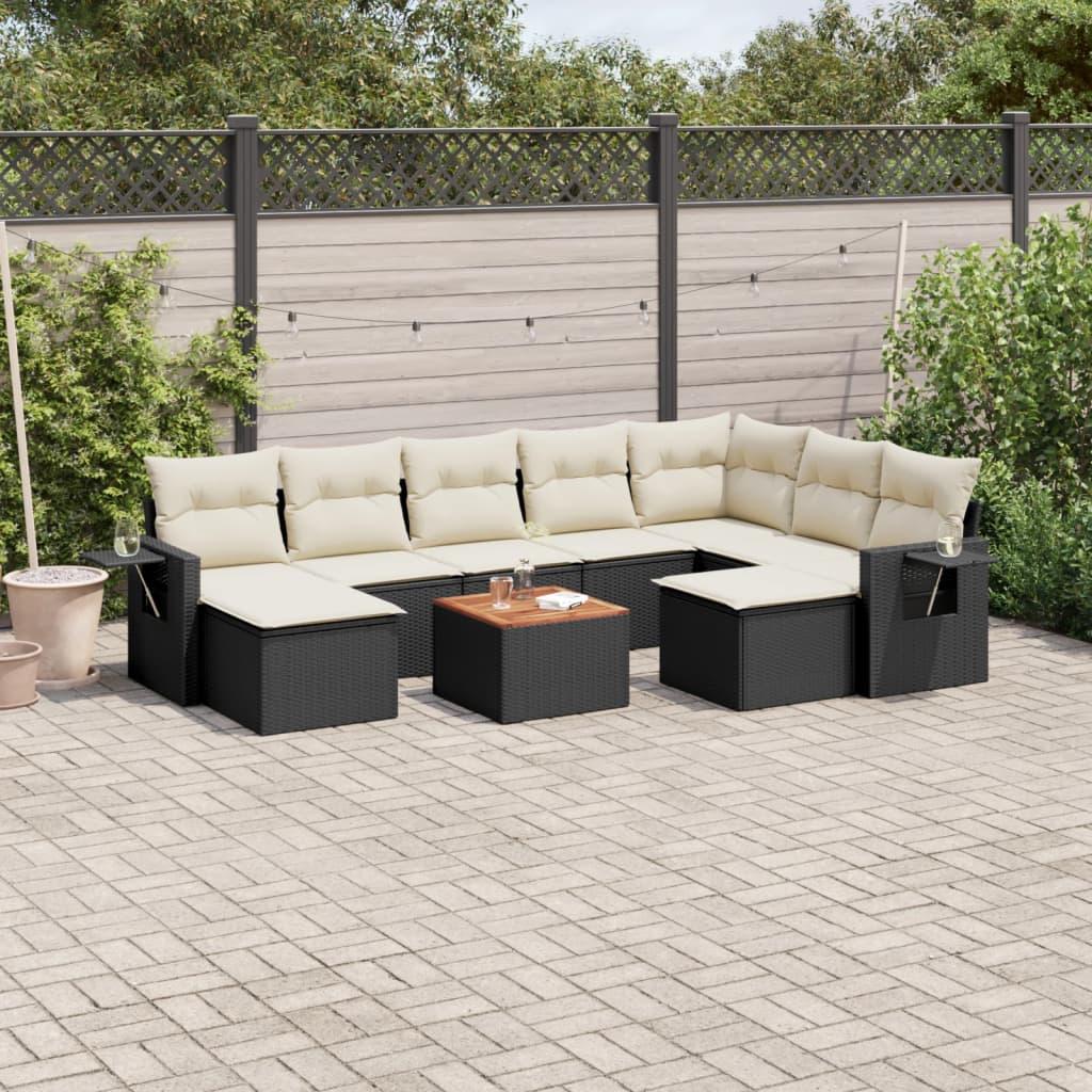 10 Piece Garden Sofa Set with Cushions Black Poly Rattan