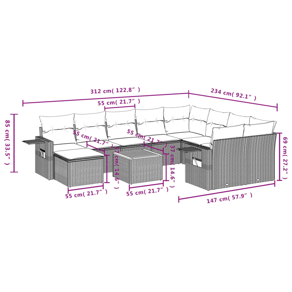 11 Piece Garden Sofa Set with Cushions Grey Poly Rattan