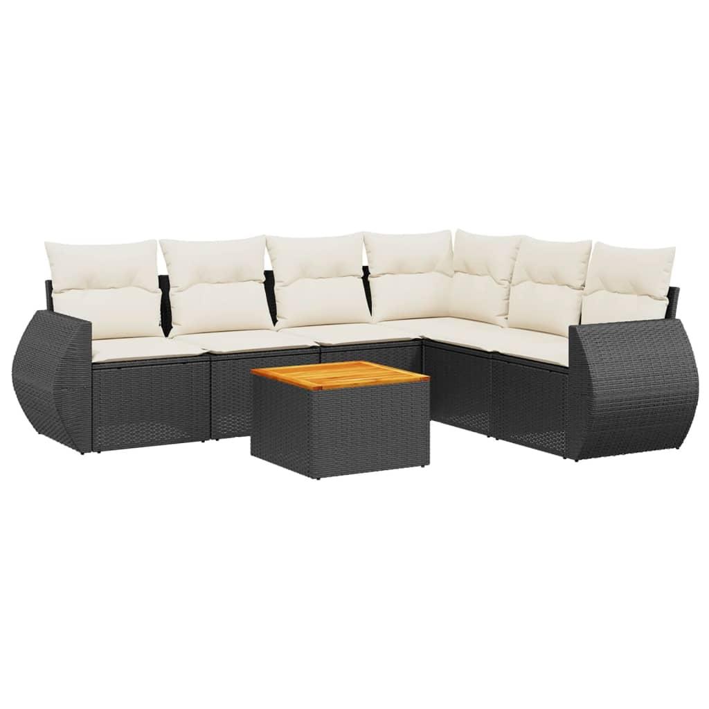 7 Piece Garden Sofa Set with Cushions Black Poly Rattan