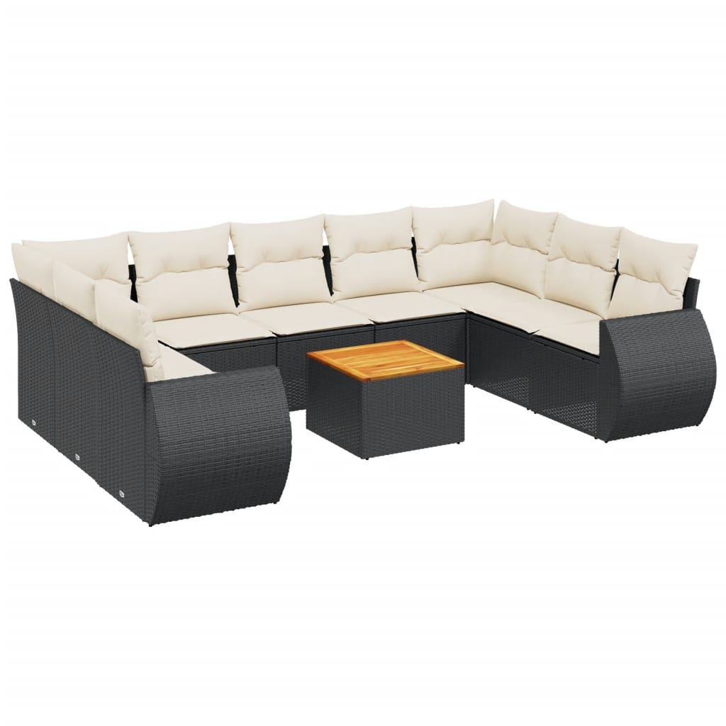 10 Piece Garden Sofa Set with Cushions Black Poly Rattan