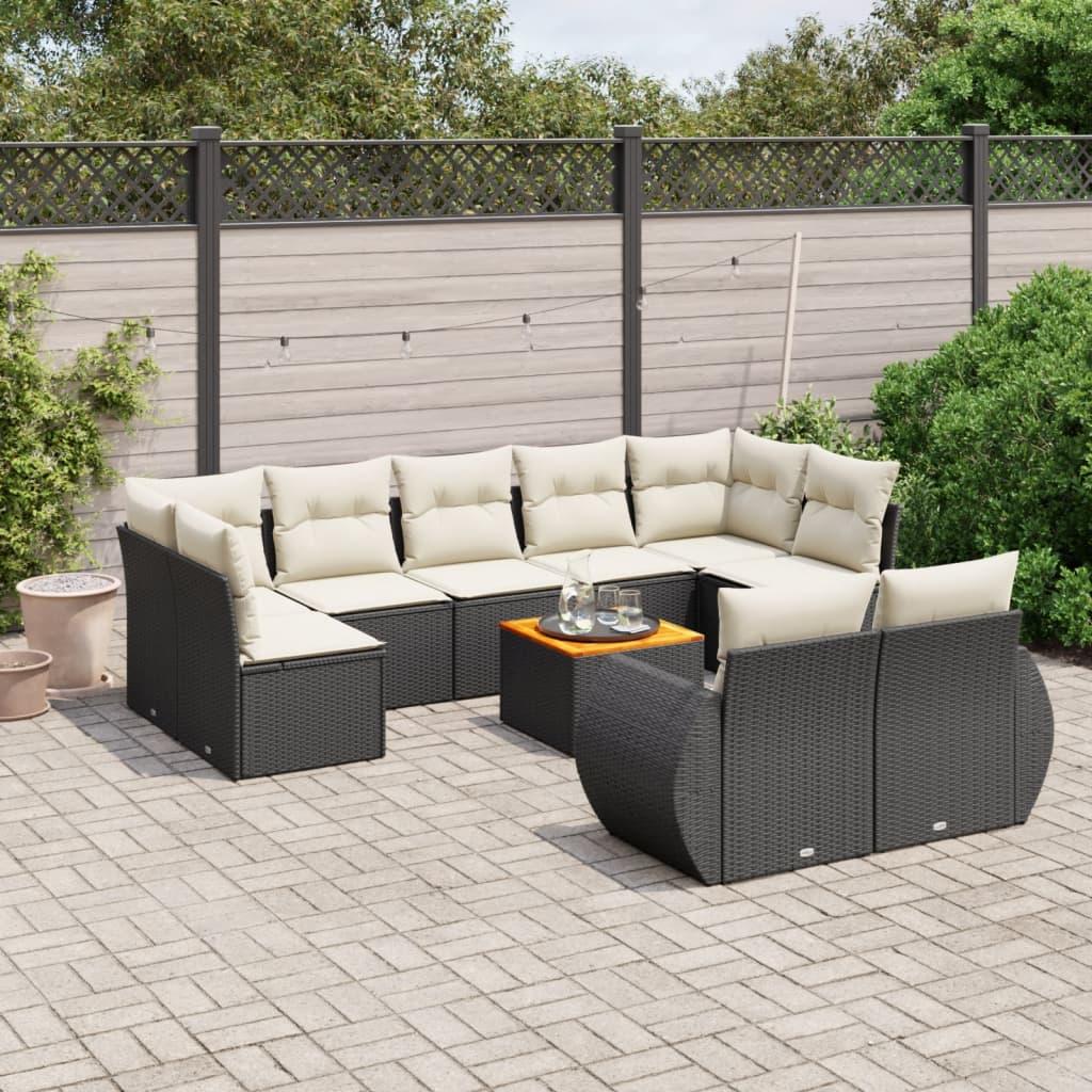 10 Piece Garden Sofa Set with Cushions Black Poly Rattan