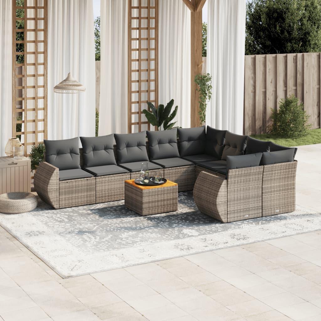 10 Piece Garden Sofa Set with Cushions Grey Poly Rattan