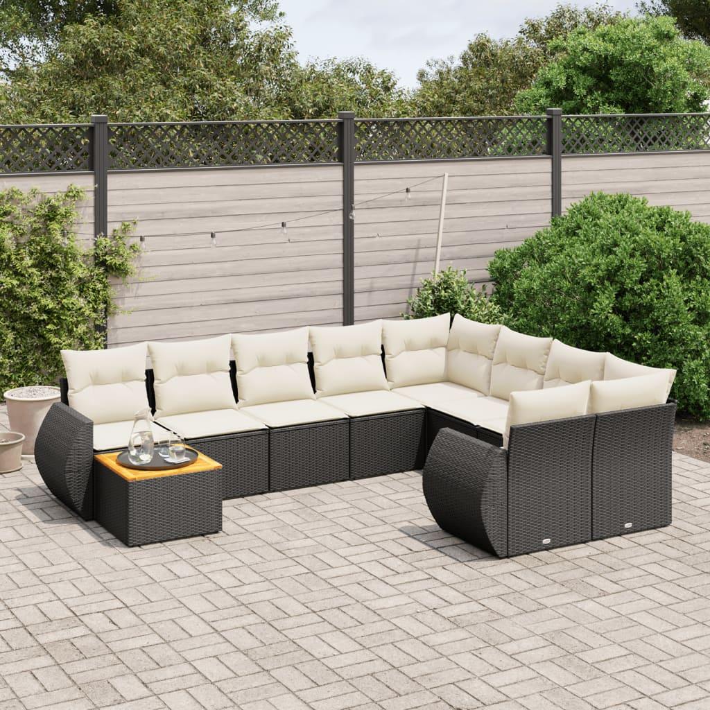 10 Piece Garden Sofa Set with Cushions Black Poly Rattan